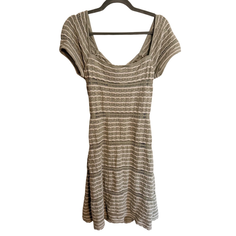 Hollister Sage Green Striped Crochet Knit Mini Dress XL Tall Beach Resort Boho